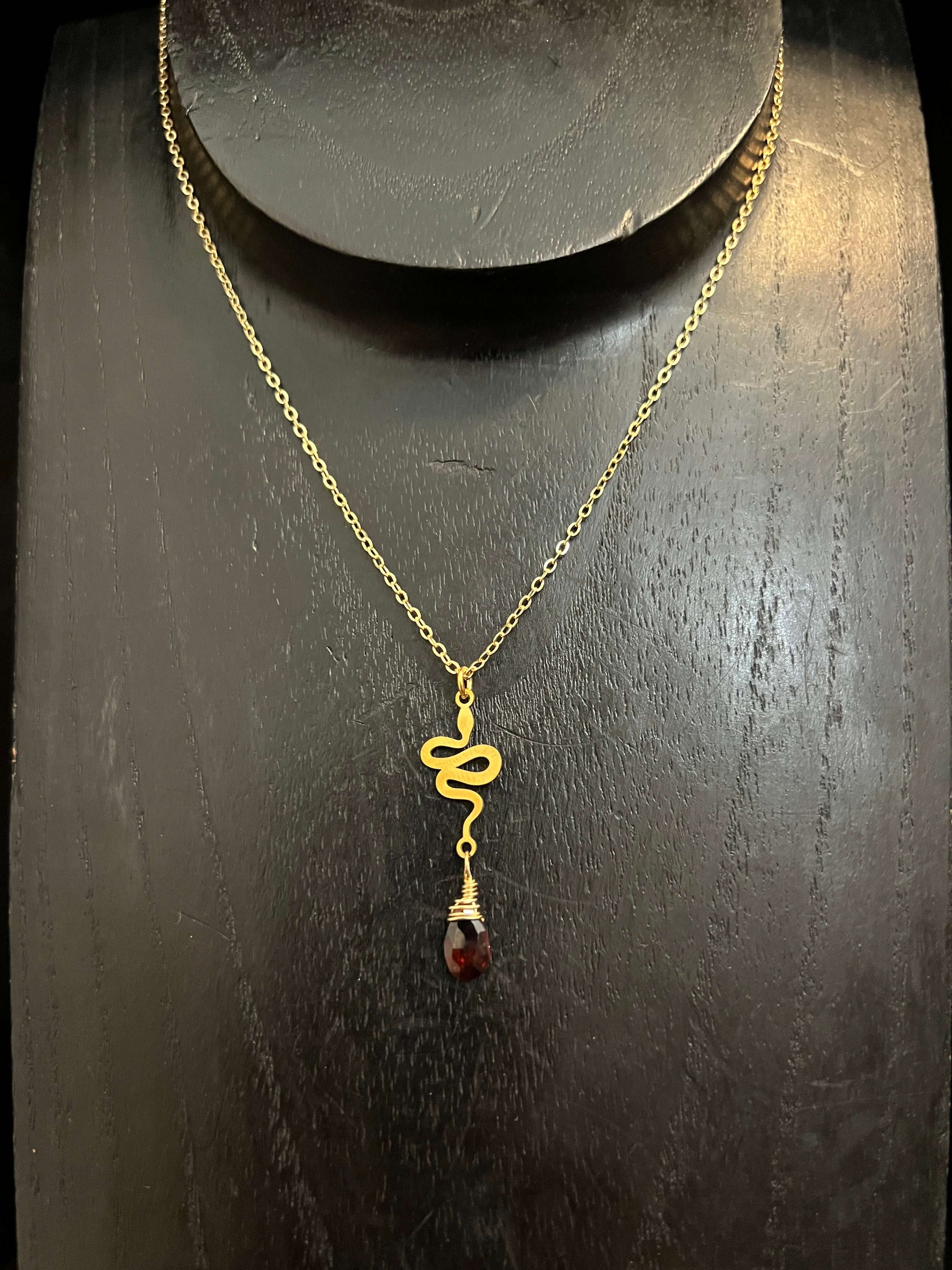 Tiny Snake and Garnet Necklace by Pake