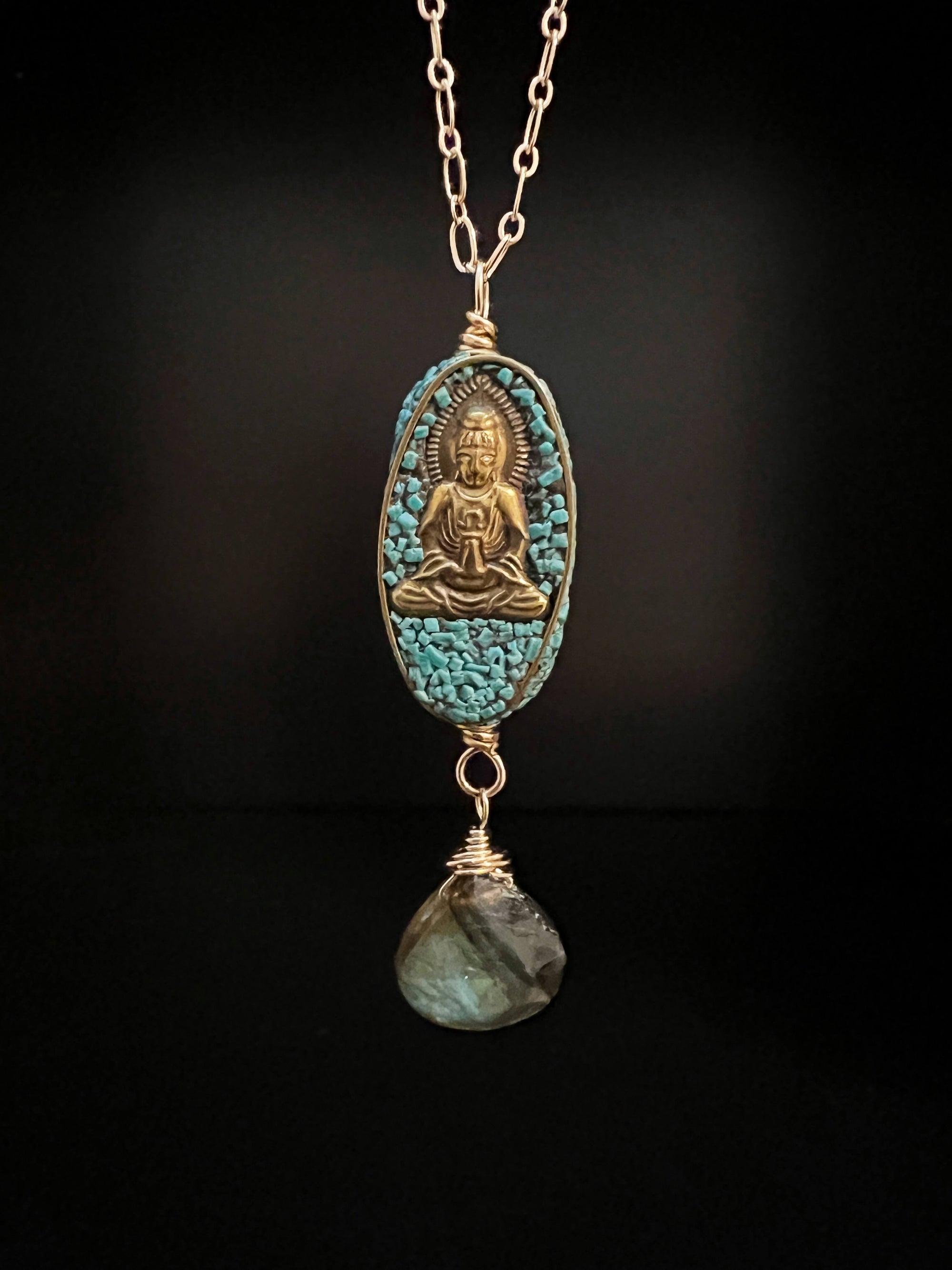 Turquoise Inlaid Buddha with Labradorite Necklace by Pake