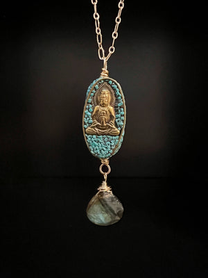 Turquoise Inlaid Buddha with Labradorite Necklace by Pake