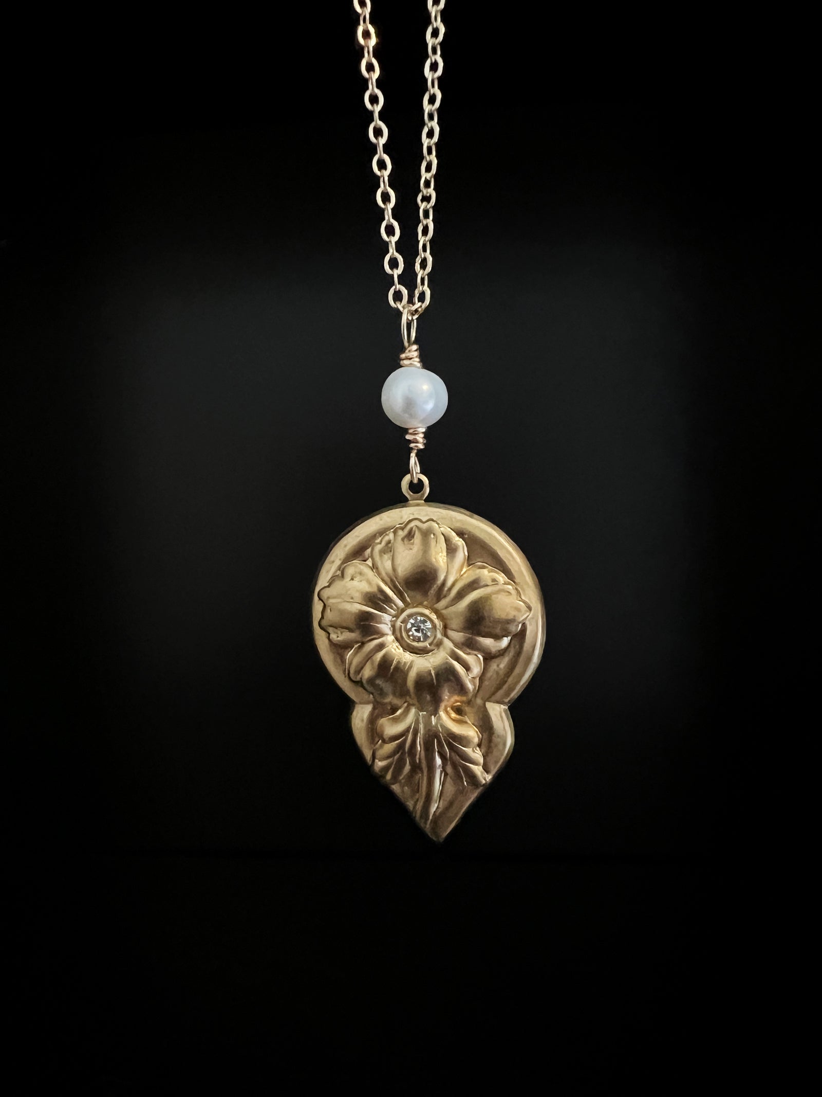 Vintage Brass Flower with Pearl Necklace by Pake