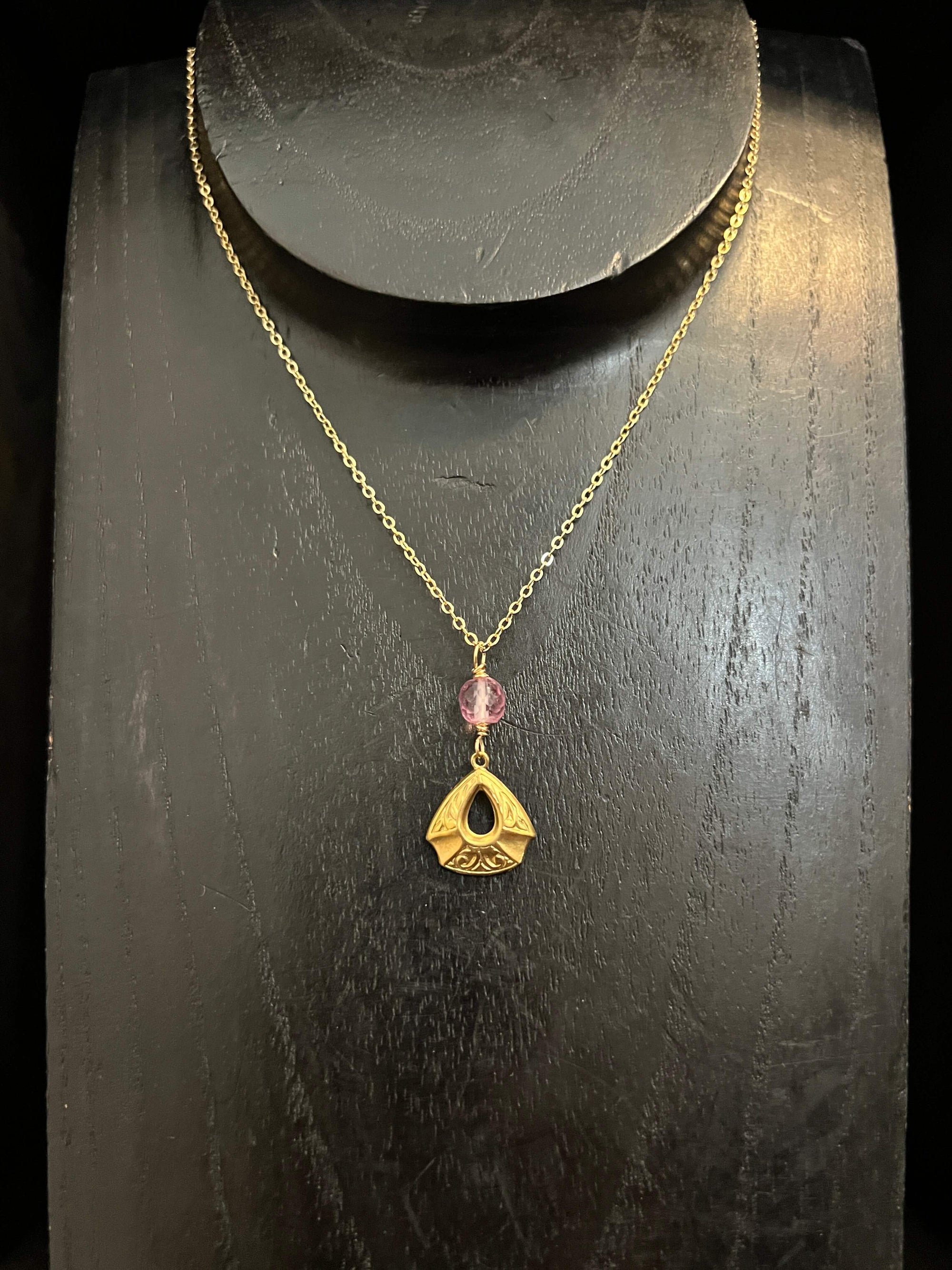 Vintage Brass and Rose Quartz Necklace by Pake