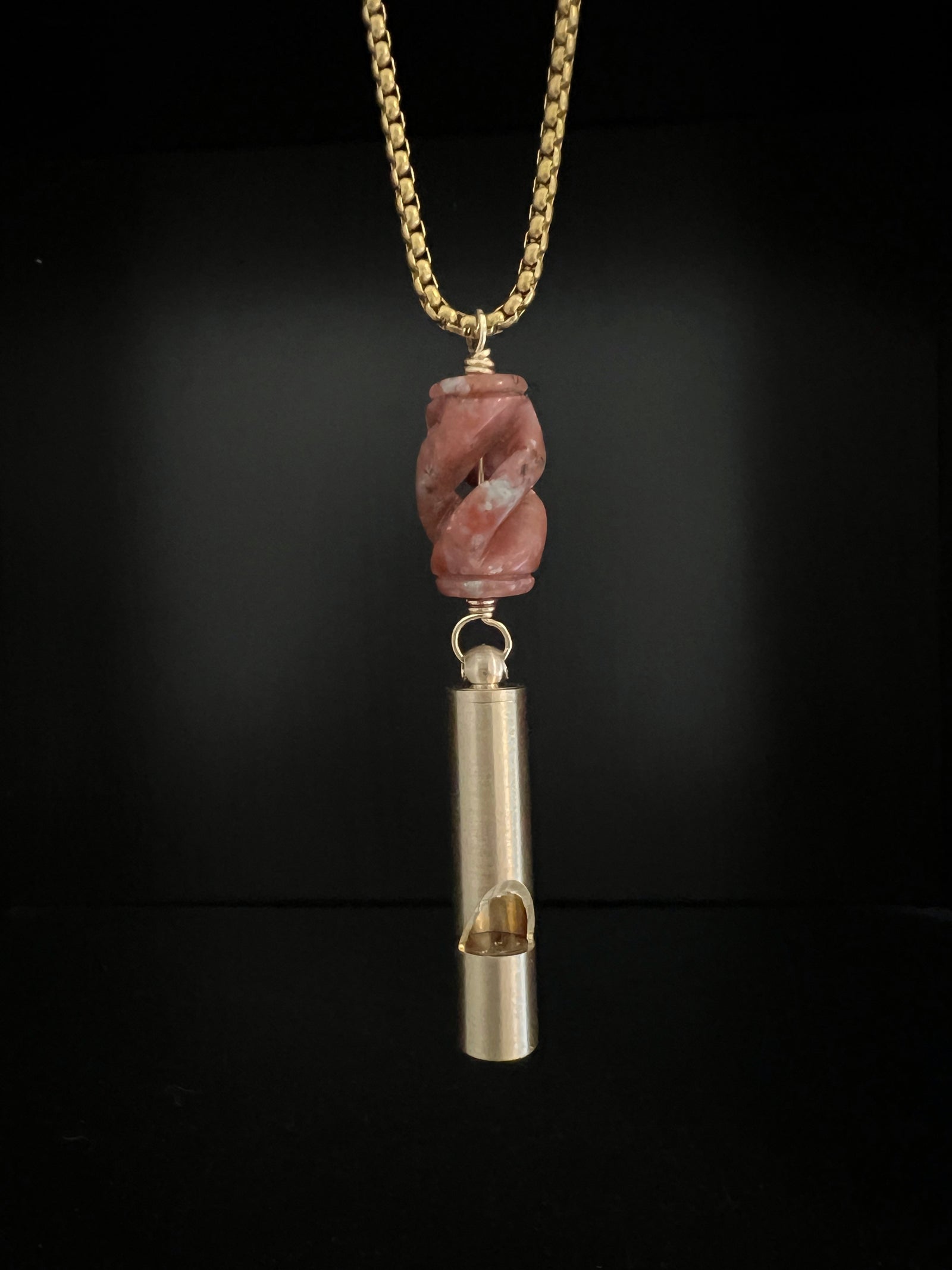 Brass Whistle with Pink Agate Necklace by Pake