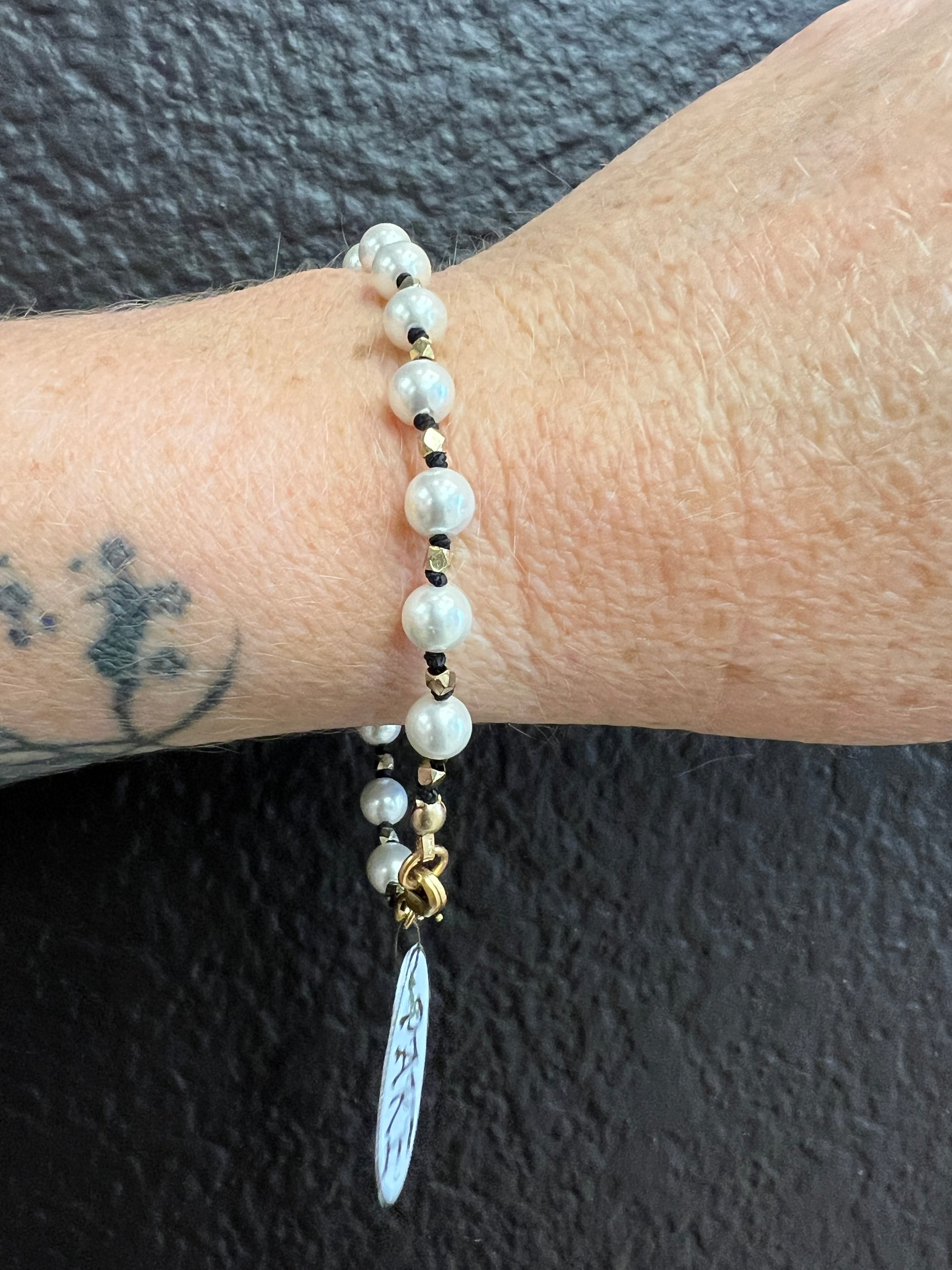 Freshwater Pearl and Cut Brass Bracelet by Pake