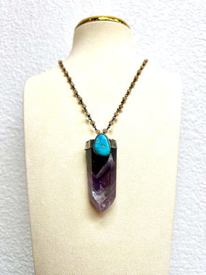 Amethyst Crystal with Kingman Turquoise Necklace on Sunstone Chain by Rebecca Frazier Jewelry