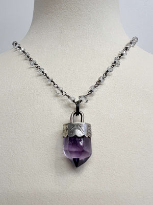 Amethyst Point with Sterling Silver Cap on Herkimer Diamond Chain with Oxidized Sterling Silver Wire Work