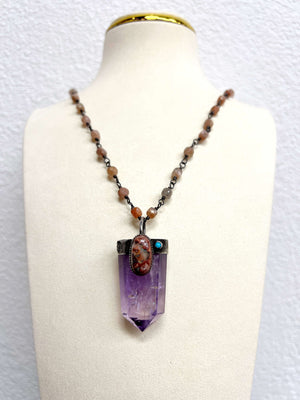 Amethyst with Mexican Fire Opal and Sleeping Beauty Turquoise Pendant on a Sunstone Chain Necklace by Rebecca Frazier