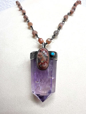 Amethyst with Mexican Fire Opal and Sleeping Beauty Turquoise Pendant on a Sunstone Chain Necklace by Rebecca Frazier