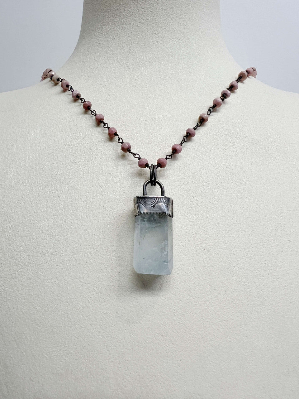 Aquamarine Crystal with Stamped Sterling Silver Cap on Rhodochrosite Chain with Oxidized Sterling Silver Wire Work