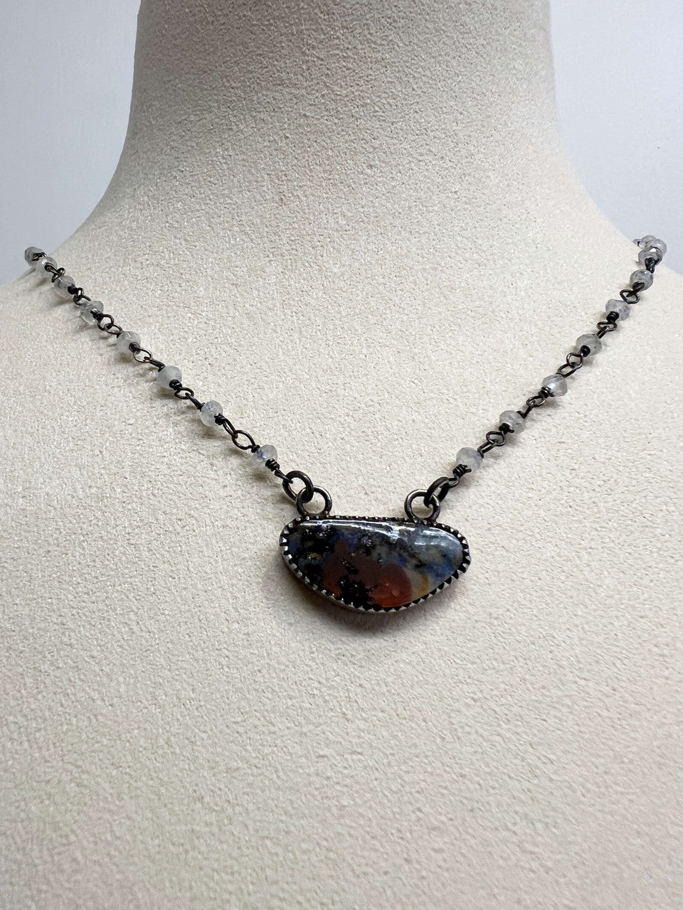 Boulder Opal with Sterling Silver Bezel on Moonstone Chain with Oxidized Sterling Silver Wire Work