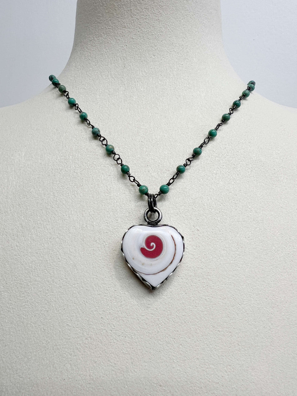 Coral Inlaid Shell Heart with Sterling Silver Bezel on Elisa Turquoise Chain with Oxidized Sterling Silver Wire Work.