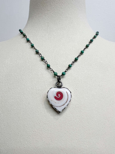 Coral Inlaid Shell Heart on Elisa Turquoise Chain Necklace by Rebecca Frazier