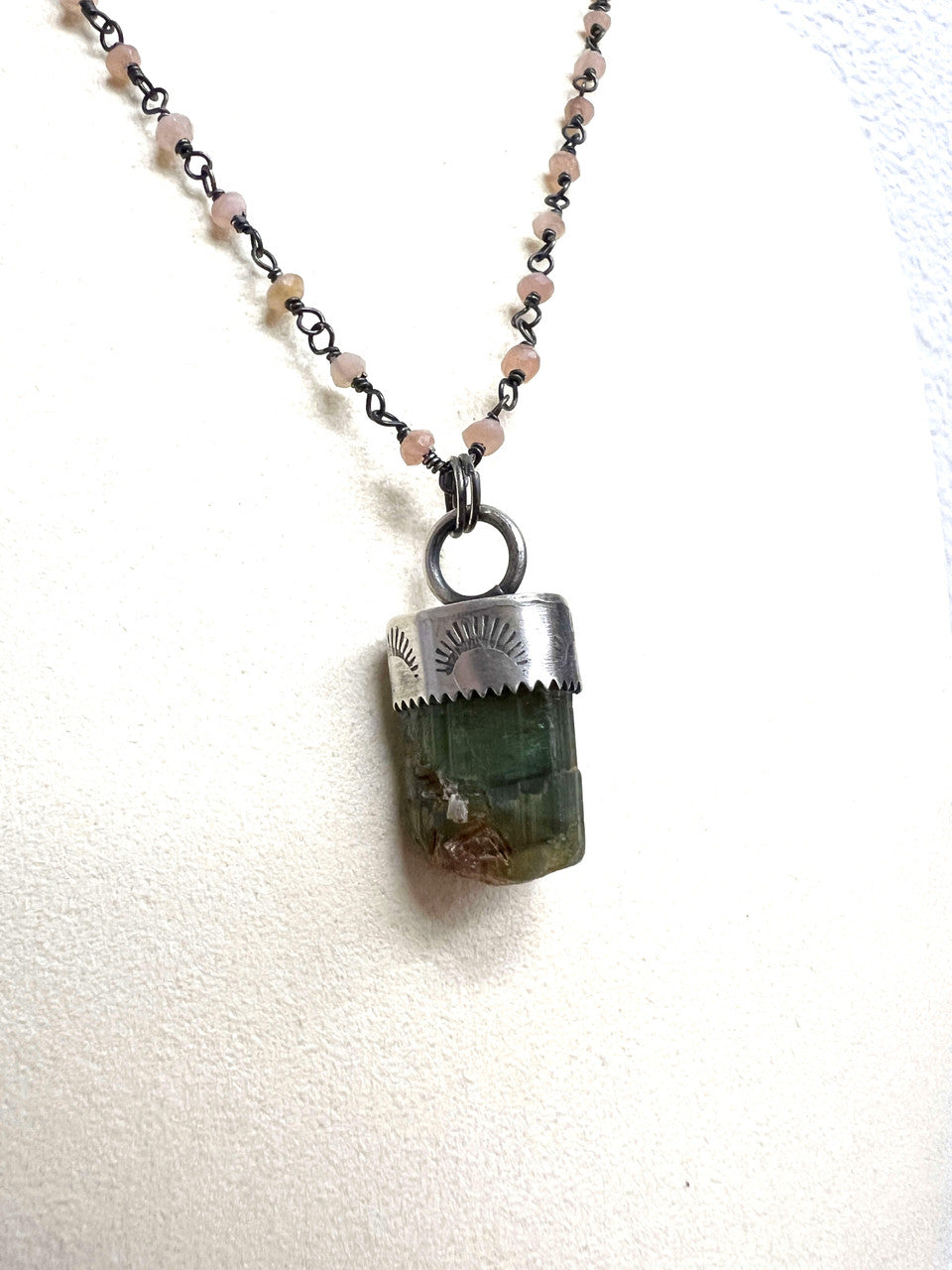 Green Tourmaline Pendant on a Sunstone Chain by Rebecca Frazier