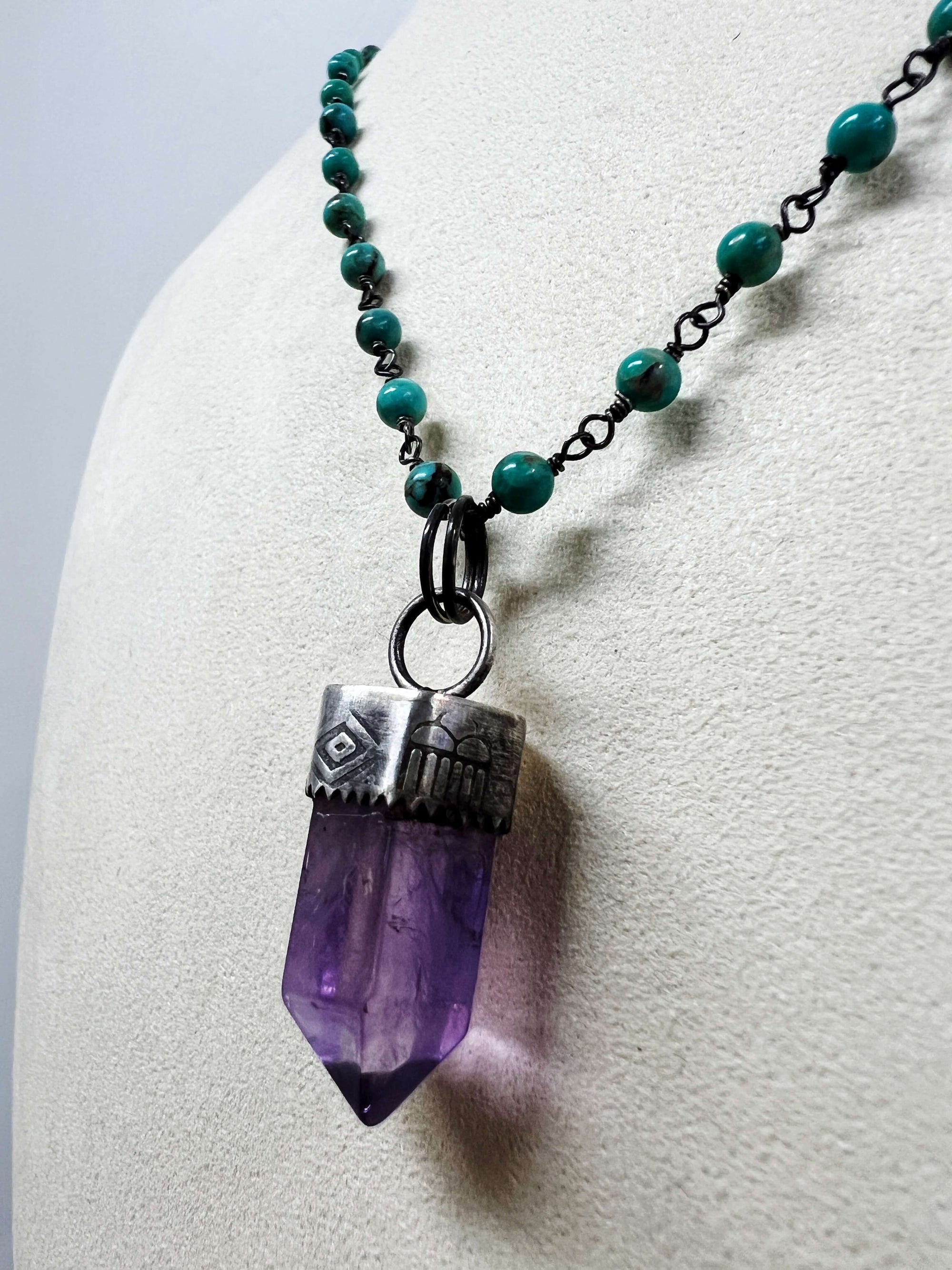 Amethyst Pendant on a Kingman Turquoise Chain by Rebecca Frazier Jewelry