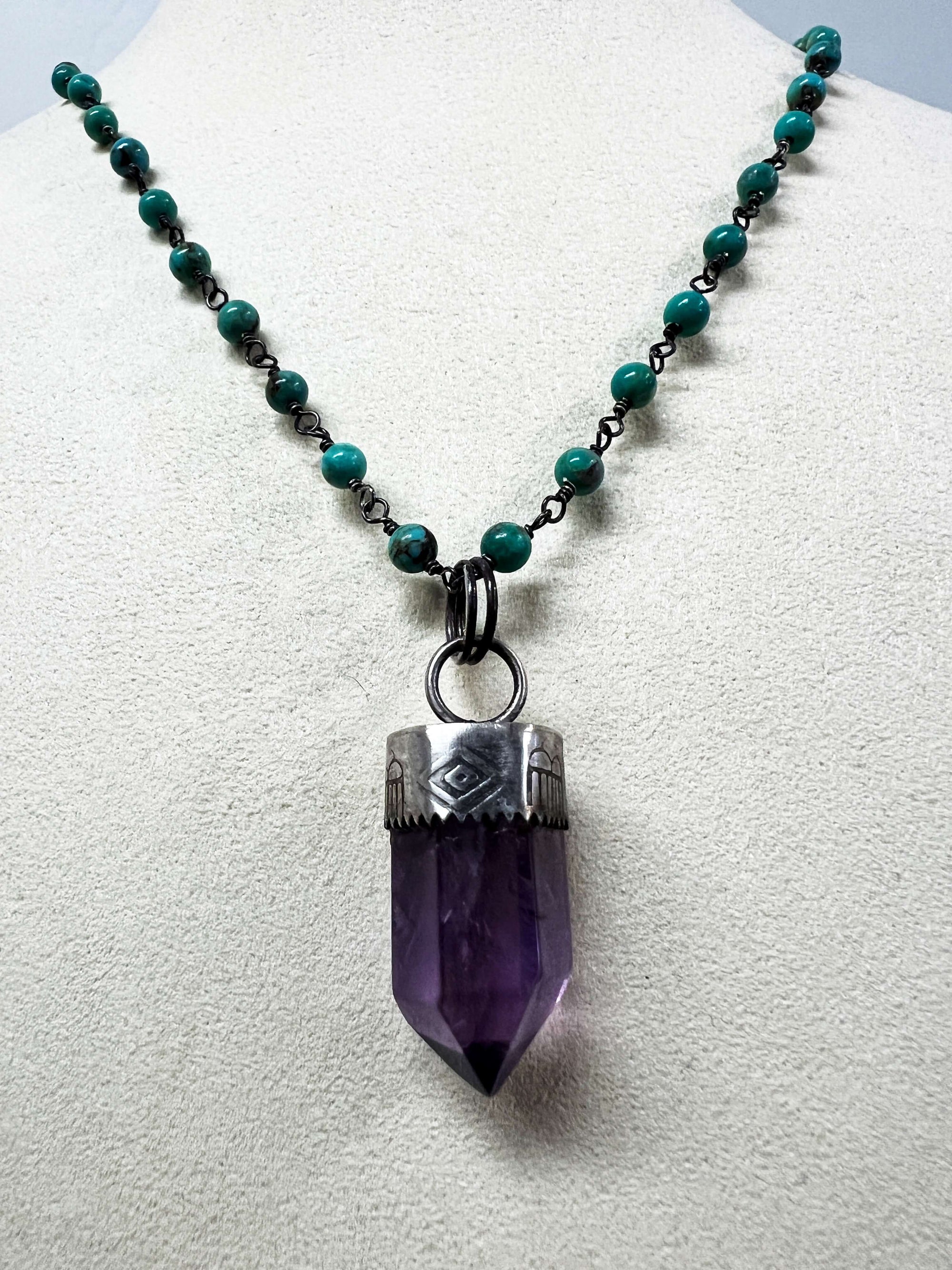 Amethyst Pendant on a Kingman Turquoise Chain by Rebecca Frazier Jewelry