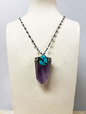 Amethyst Pendant with Mexican Turquoise on a Moonstone Chain by Rebecca Frazier Jewelry