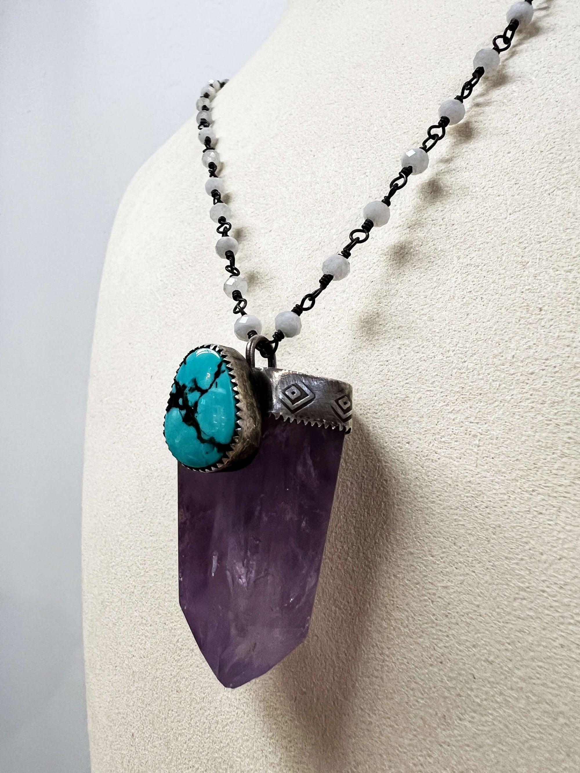 Amethyst Pendant with Mexican Turquoise on a Moonstone Chain by Rebecca Frazier Jewelry