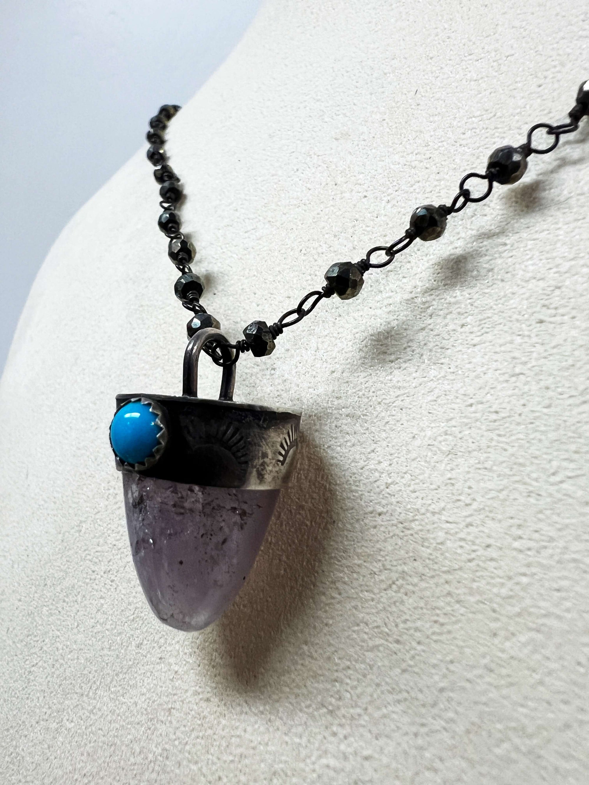 Amethyst and Sleeping Beauty Turquoise Pendant on a Pyrite Chain by Rebecca Frazier Jewelry