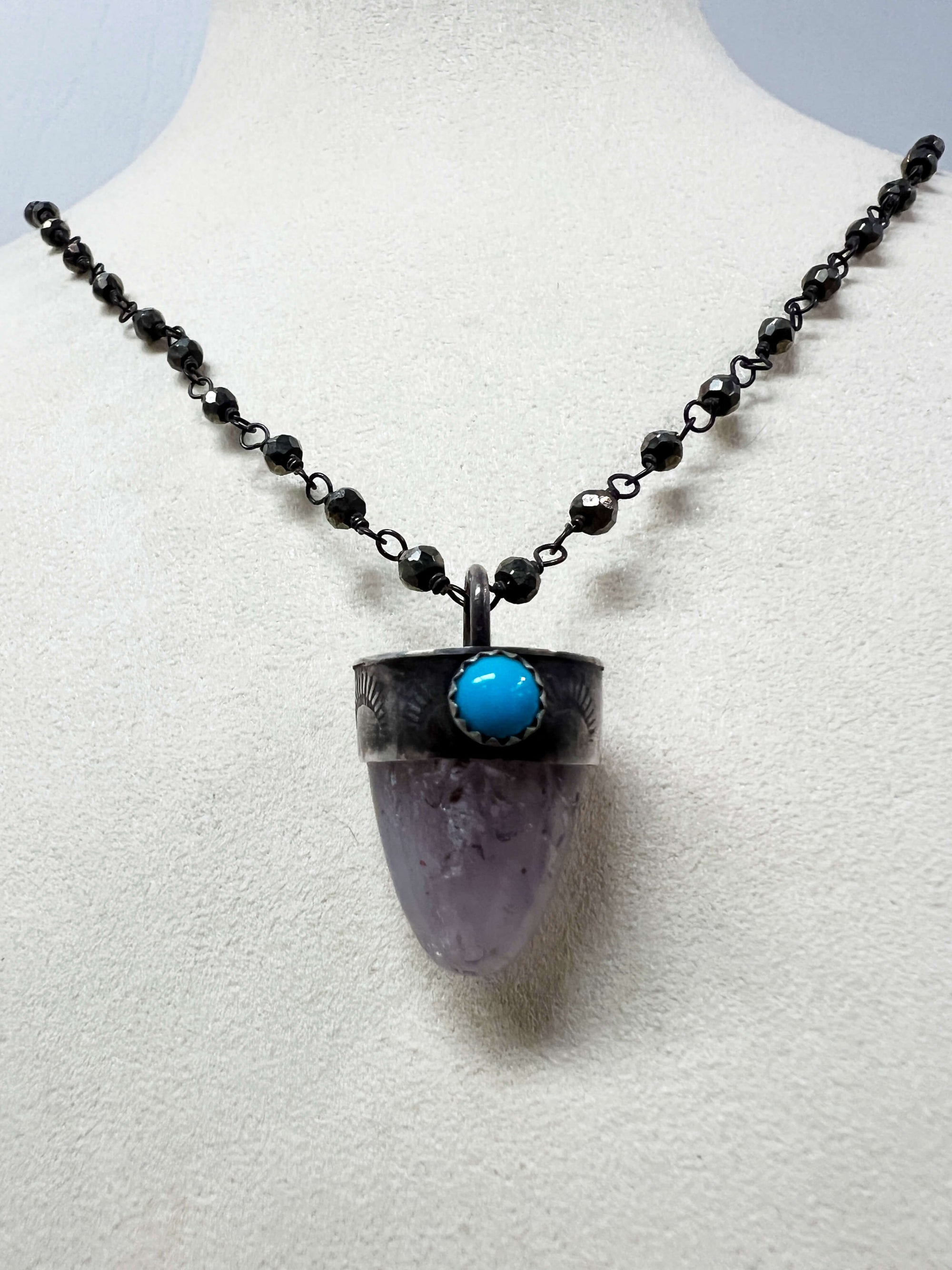 Amethyst and Sleeping Beauty Turquoise Pendant on a Pyrite Chain by Rebecca Frazier Jewelry