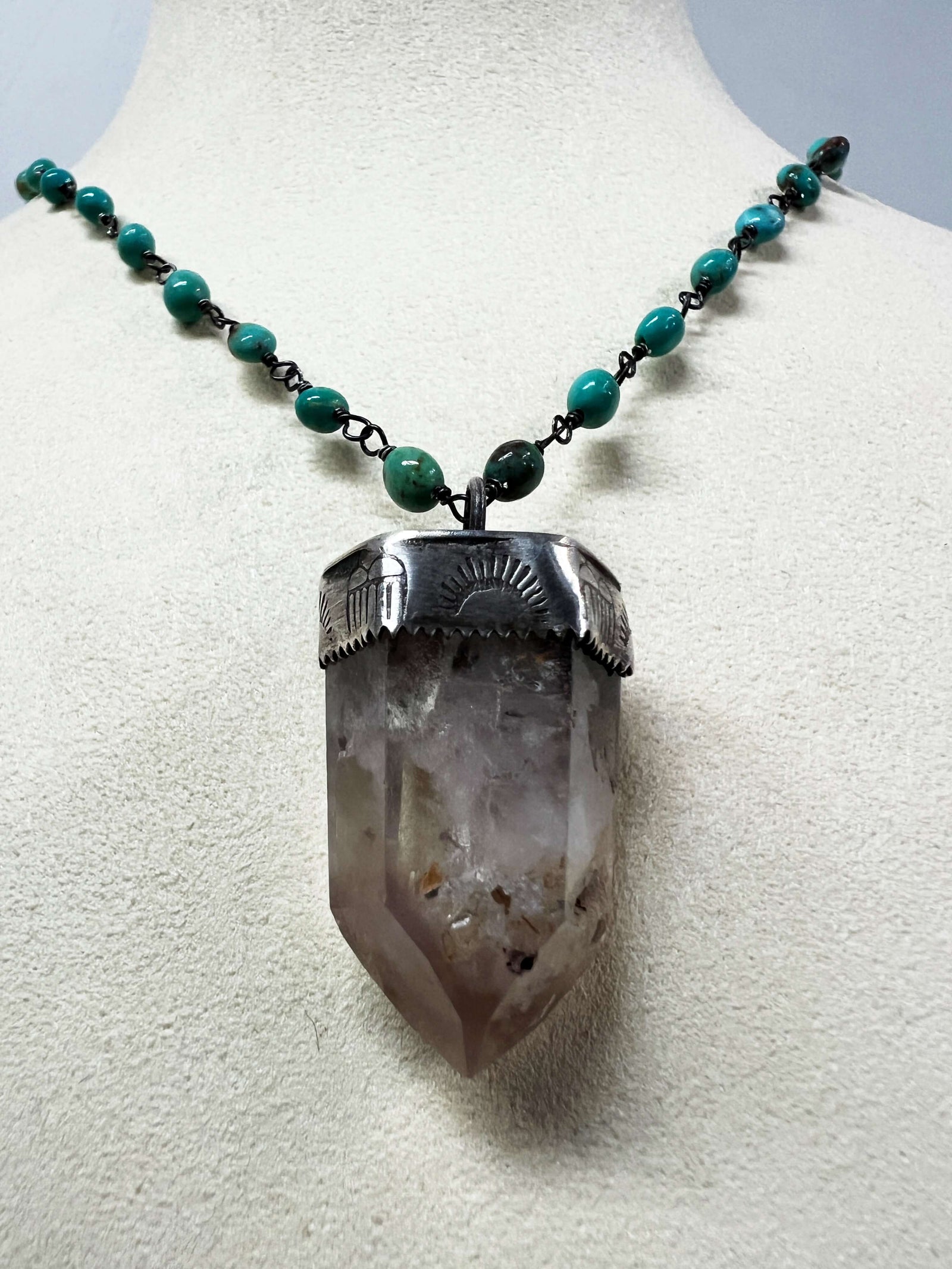 Lithium Quartz Pendant on a Kingman Turquoise Chain by Rebecca Frazier Jewelry