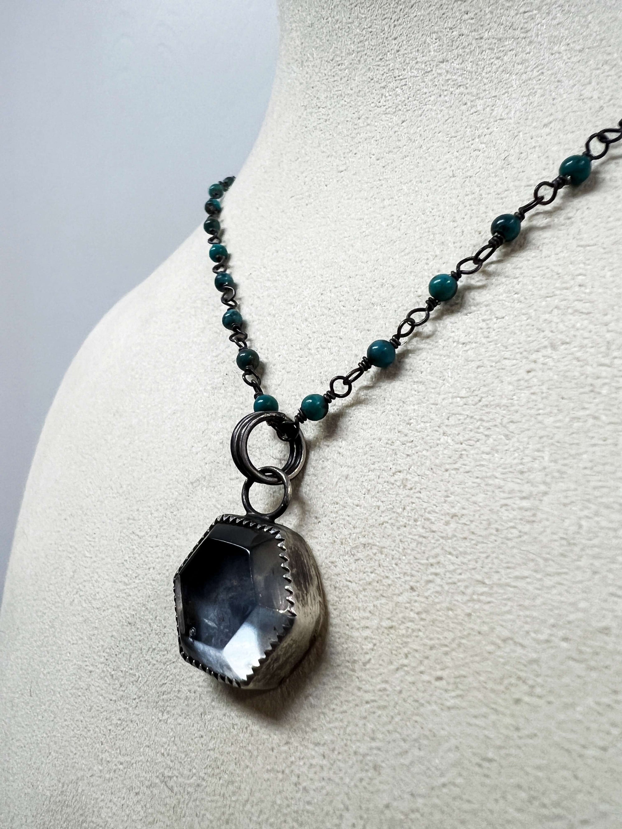 Quartz Hexagon Pendant on a Kingman Turquoise Chain by Rebecca Frazier Jewelry