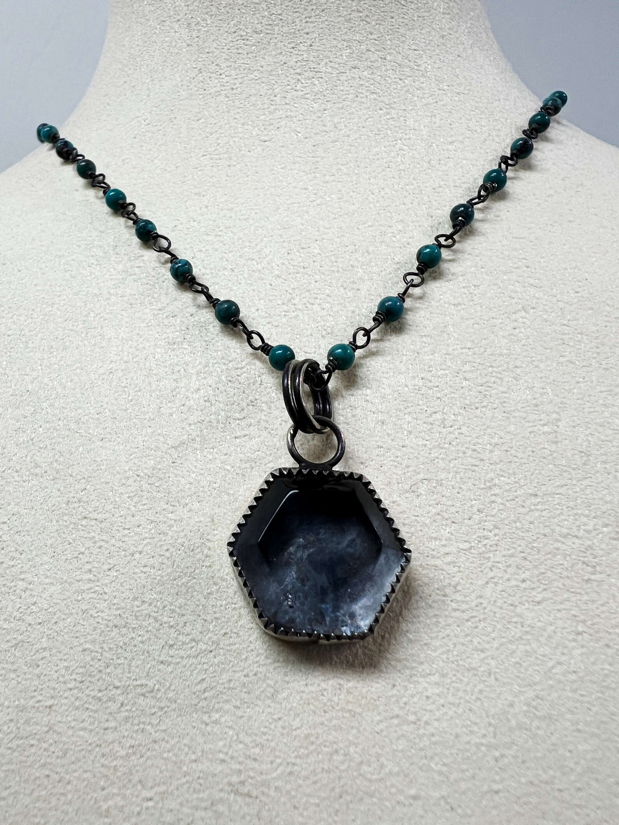 Quartz Hexagon Pendant on a Kingman Turquoise Chain by Rebecca Frazier Jewelry