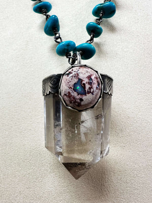 Quartz Pendant with Mexican Fire Opal on a Sleeping Beauty Turquoise Chain by Rebecca Frazier Jewelry