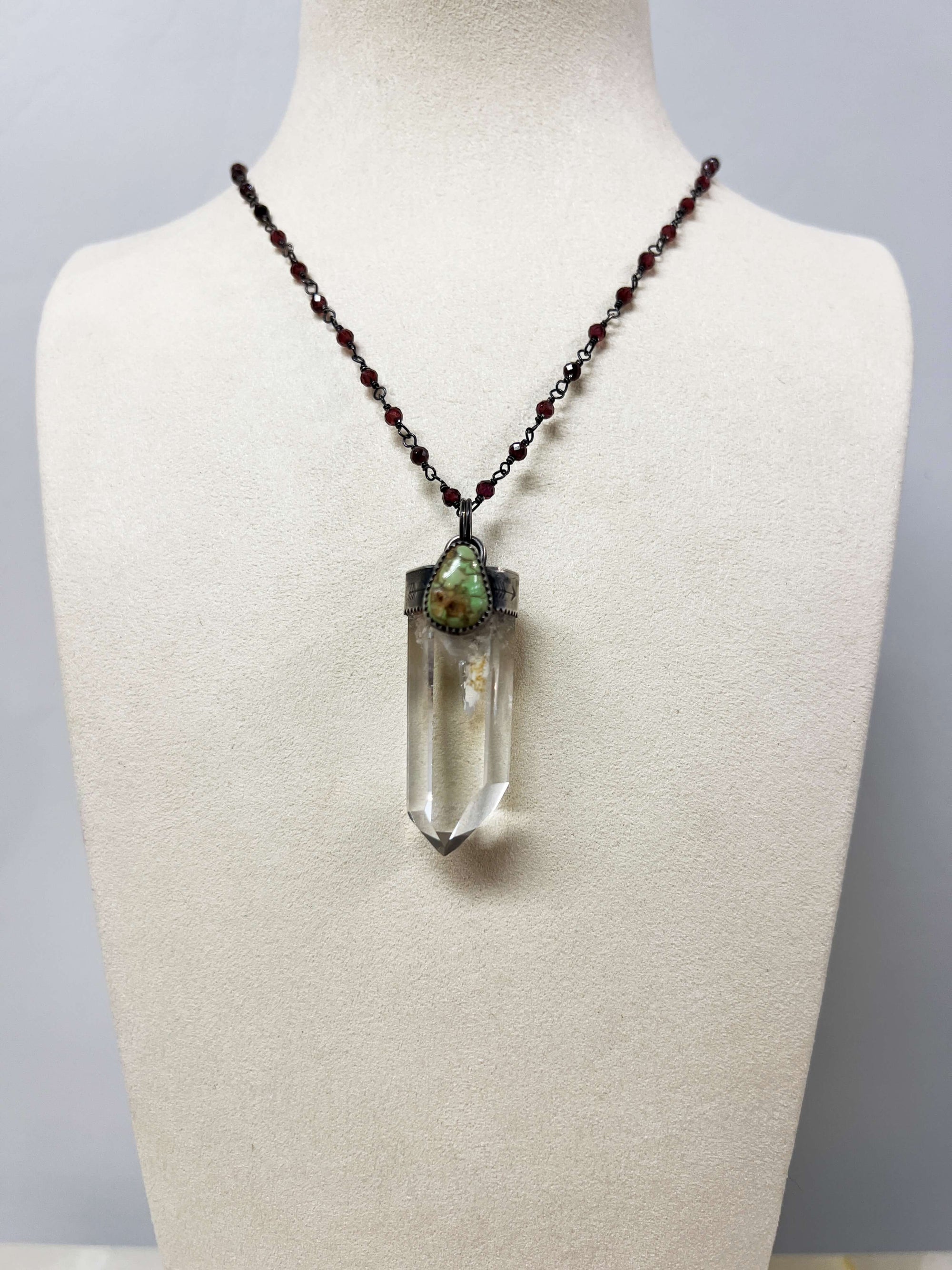 Quartz and Variscite Pendant on a Garnet Chain by Rebecca Frazier Jewelry