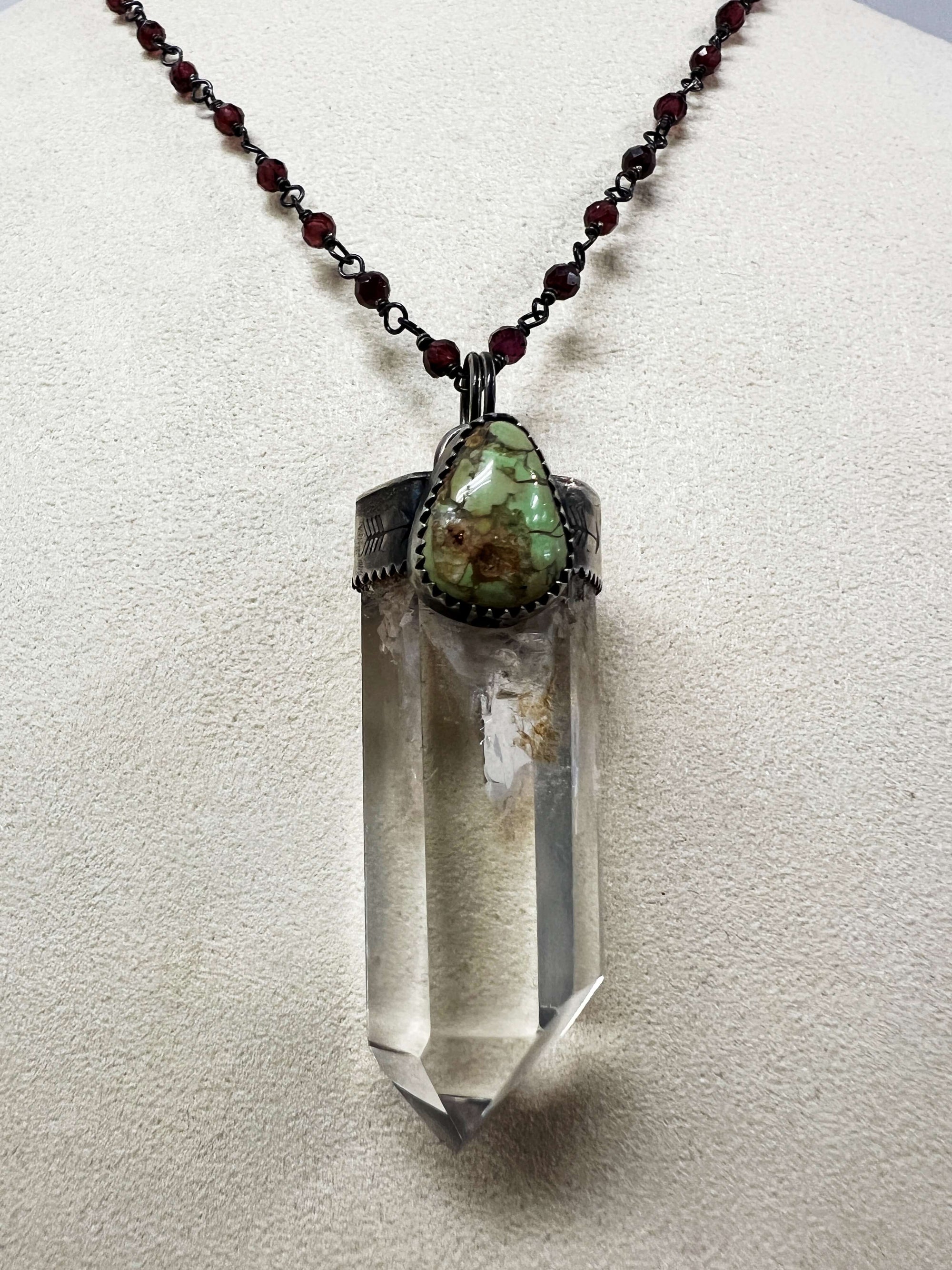 Quartz and Variscite Pendant on a Garnet Chain by Rebecca Frazier Jewelry