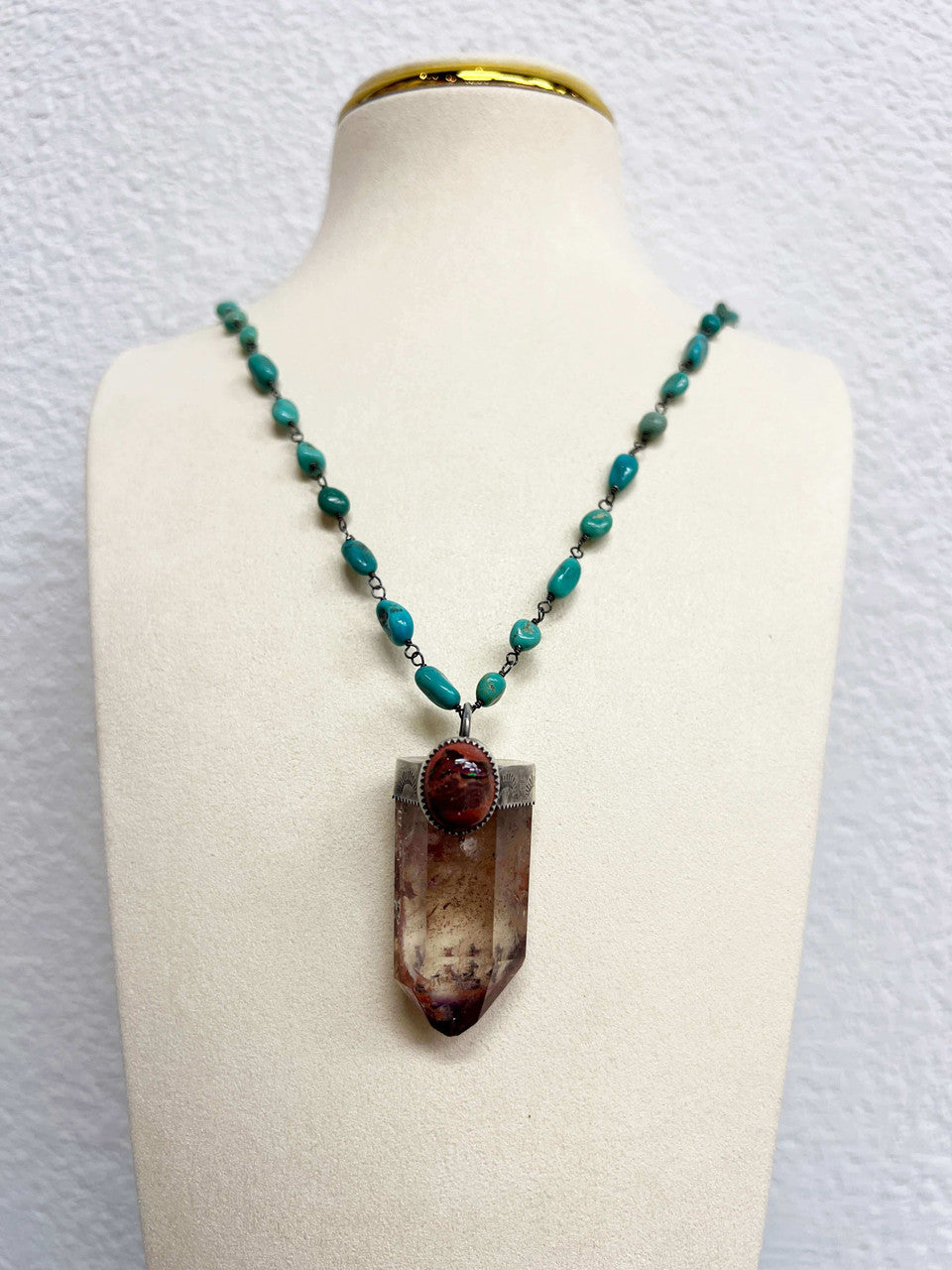 Lemurian Quartz and Mexican Fire Opal Pendant on Kingman Turquoise Chain Necklace by Rebecca Frazier