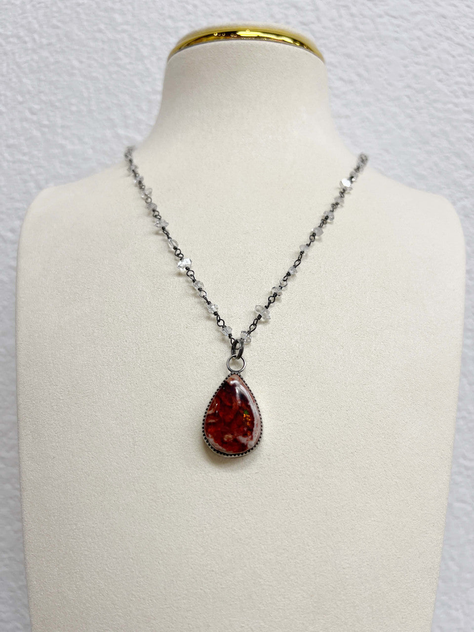 Mexican Fire Opal Pendant and Herkimer Diamond Chain Necklace