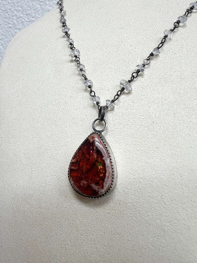 Mexican Fire Opal Pendant and Herkimer Diamond Chain Necklace