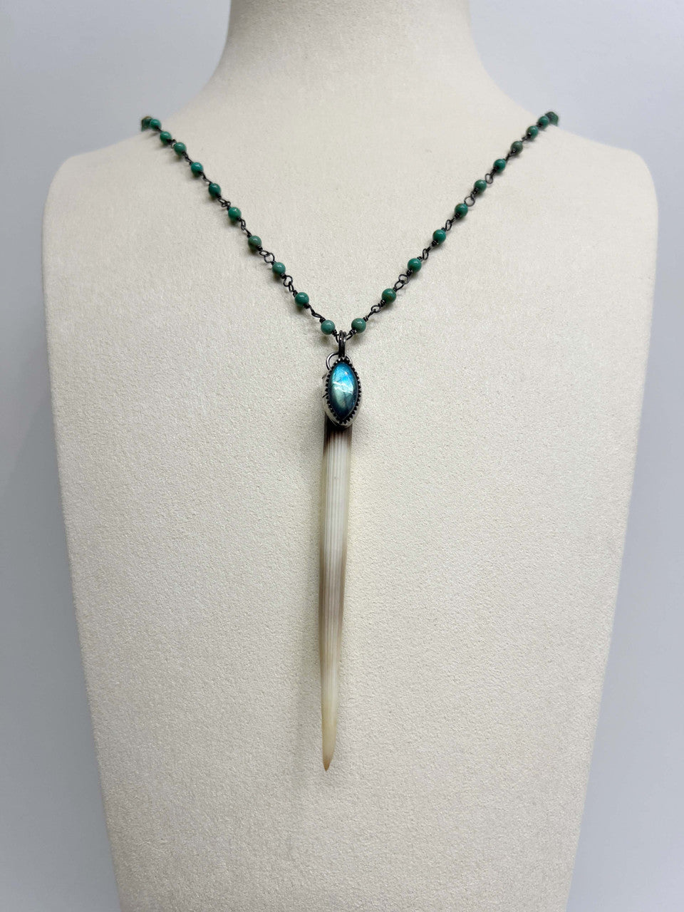 African Porcupine Quill with Labradorite with Stamped Sterling Silver Cap on Elisa Turquoise Chain with Oxidized Sterling Silver Wire Work