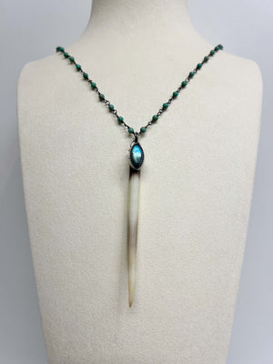 African Porcupine Quill with Labradorite with Stamped Sterling Silver Cap on Elisa Turquoise Chain with Oxidized Sterling Silver Wire Work