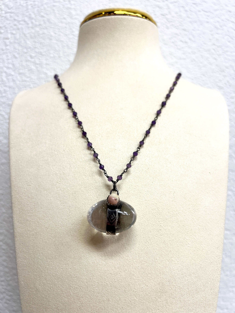 Quartz Egg with Mexican Fire Opal Pendant on Amethyst Chain Necklace by Rebecca Frazier