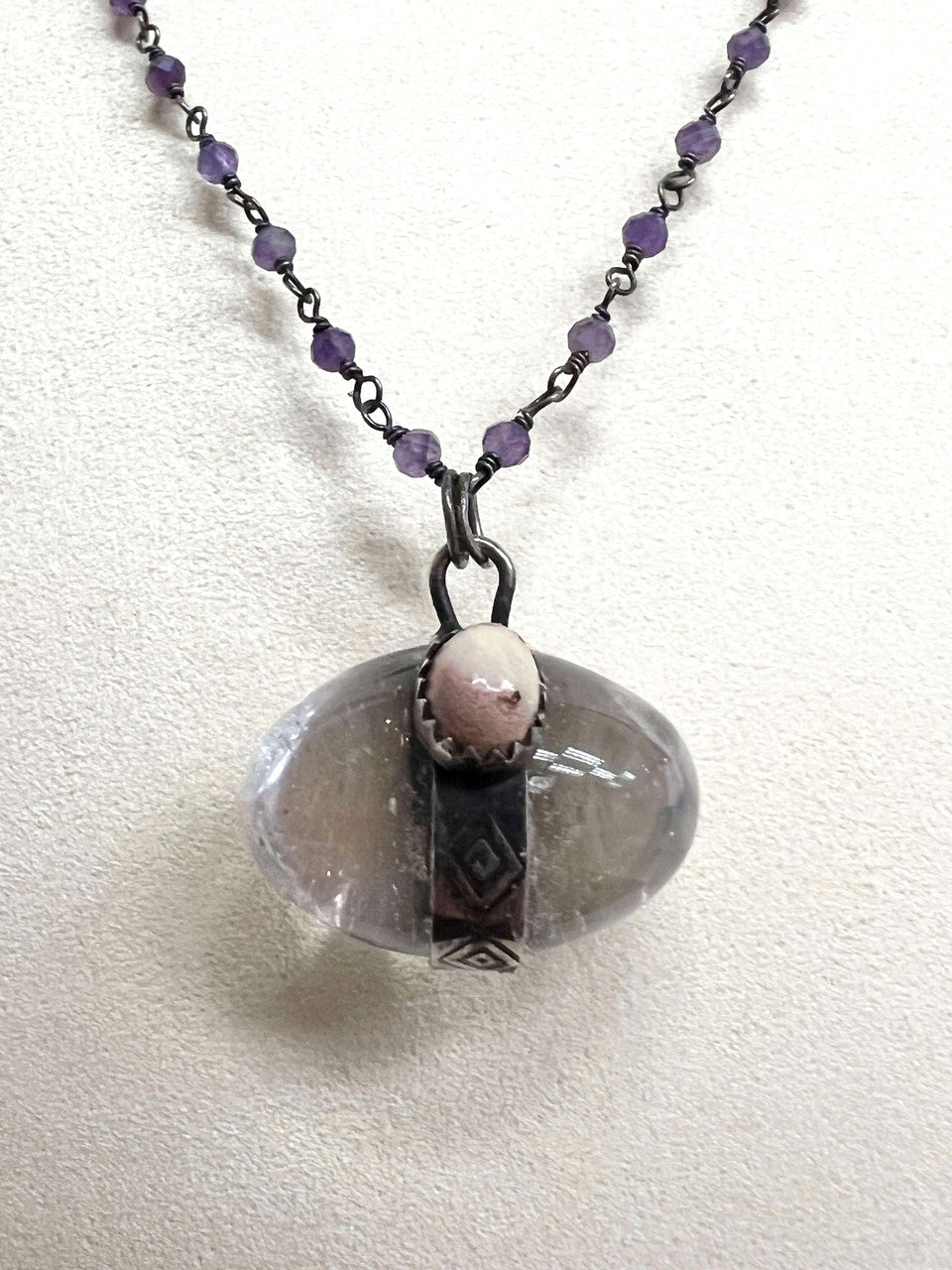 Quartz Egg with Mexican Fire Opal Pendant on Amethyst Chain Necklace by Rebecca Frazier