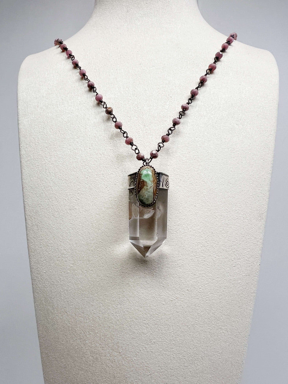 Quartz Crystal with Variscite with Sterling Silver Cap on Rhodochrosite Chain with Oxidized Sterling Silver Wire Work