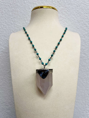 Rose Quartz with Boulder Opal Pendant on a Kingman Turquoise Chain Necklace by Rebecca Frazier