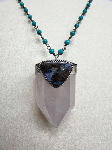 Rose Quartz with Boulder Opal Pendant on a Kingman Turquoise Chain Necklace by Rebecca Frazier