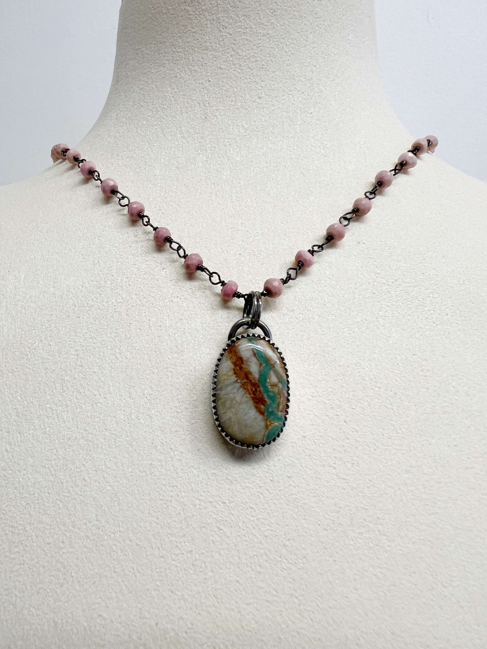 Royston Turquoise with Sterling Silver Bezel on Rhodochrosite Chain with Oxidized Sterling Silver Wire Work