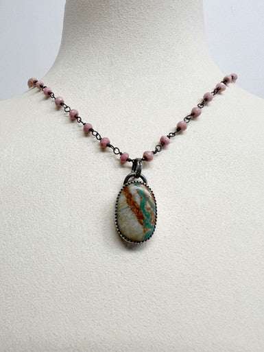 Royston Turquoise on Rhodochrosite Chain Necklace by Rebecca Frazier