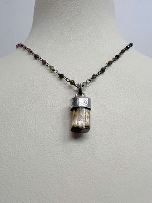 Smokey Quartz and Topaz with Sterling Silver Cap on Watermelon Tourmaline Chain with Oxidized Sterling Silver Wire Work.