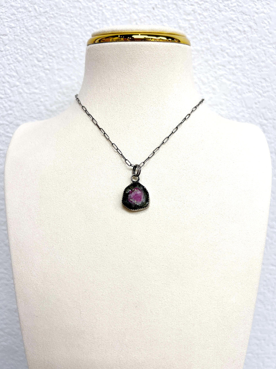 Watermelon Tourmaline Slice on Sterling Silver Chain Necklace by Rebecca Frazier