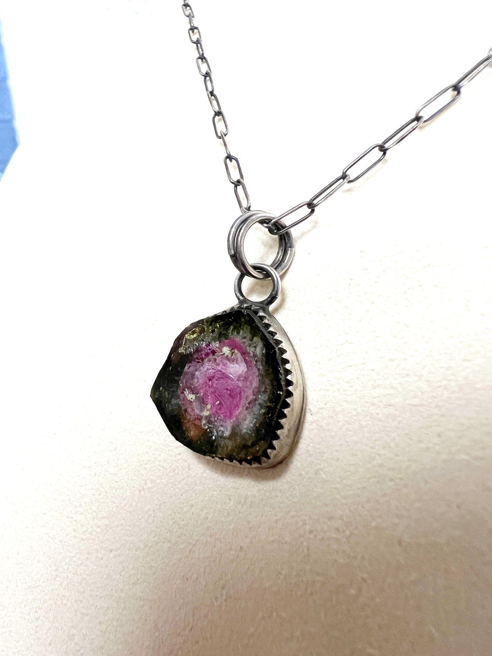 Watermelon Tourmaline Slice on Sterling Silver Chain Necklace by Rebecca Frazier