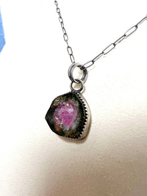 Watermelon Tourmaline Slice on Sterling Silver Chain Necklace by Rebecca Frazier