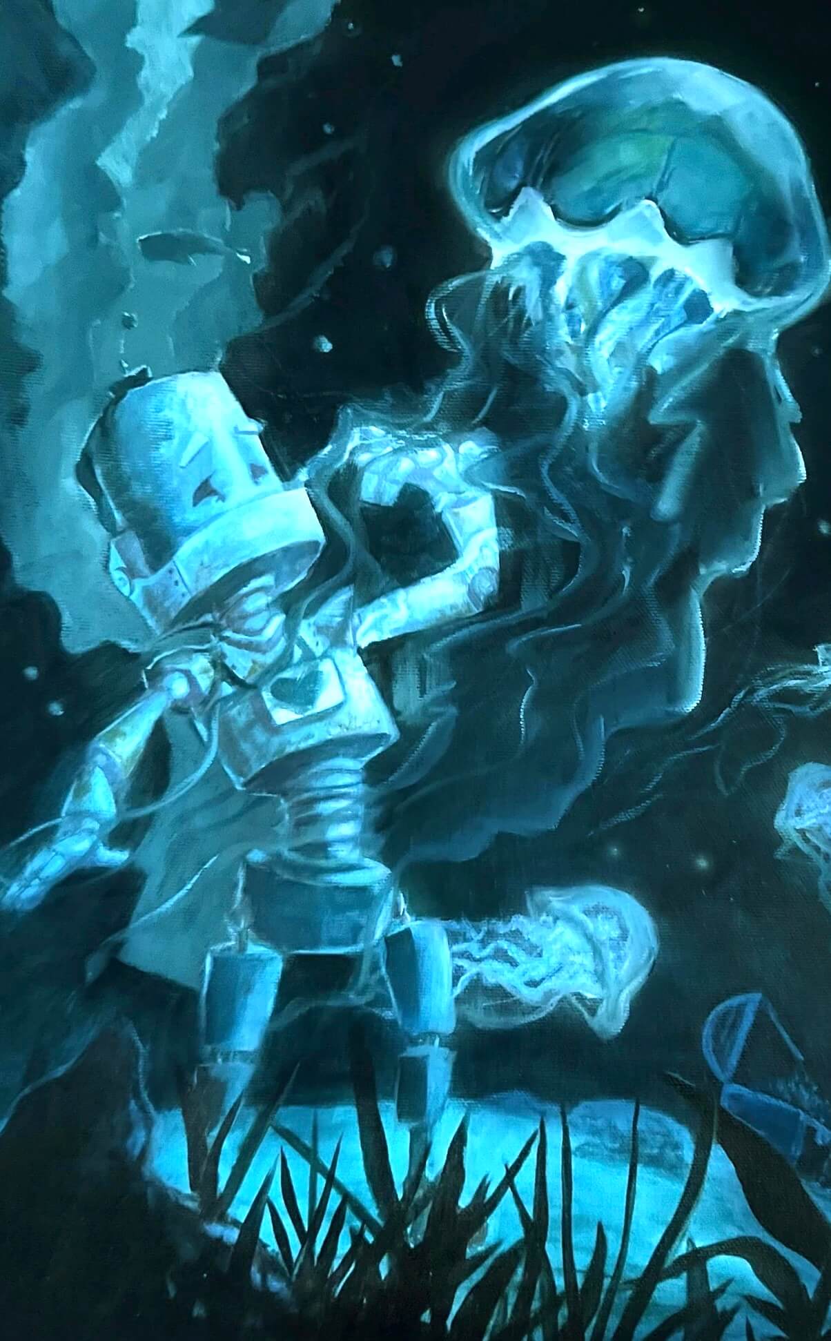 Deep Sea Bot - Robots in Rowboats by Lauren Briere + Print on Wood "Brick"