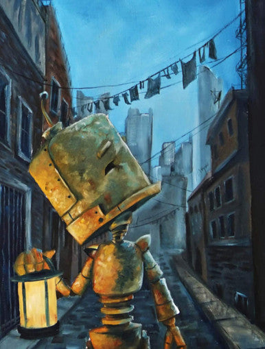 Alley Bot - Robots in Rowboats by Lauren Briere + Print on Wood Panel