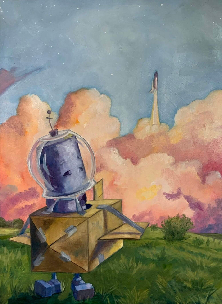 Why robots?!
"A series of oil paintings about sweet n' sad robots who experience the world in a way we take for granted" -Lauren Briere.