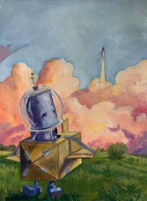 Why robots?!
"A series of oil paintings about sweet n' sad robots who experience the world in a way we take for granted" -Lauren Briere.