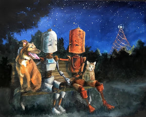 Why robots?!
"A series of oil paintings about sweet n' sad robots who experience the world in a way we take for granted" -Lauren Briere.