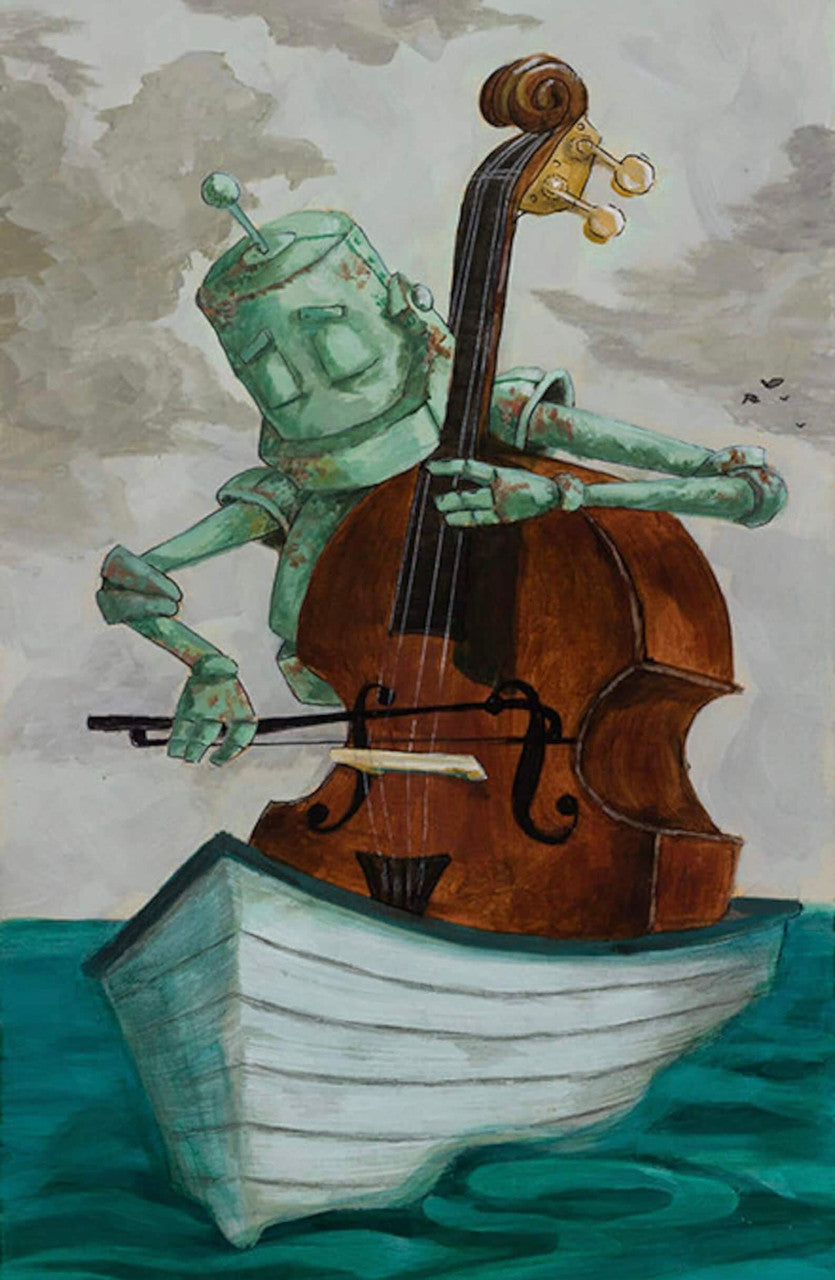 Bass Bot - Robots in Rowboats by Lauren Briere + Print on  Wood Panel